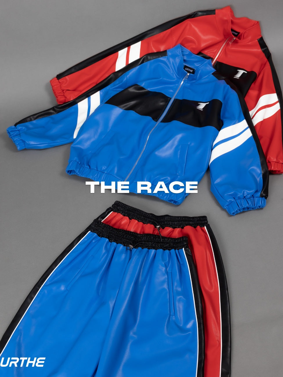 URTHE - เซ็ตเสื้อแจ็คเก็ตหนัง PU แขนยาว สกรีนลาย รุ่น THE RACE JACKET SET