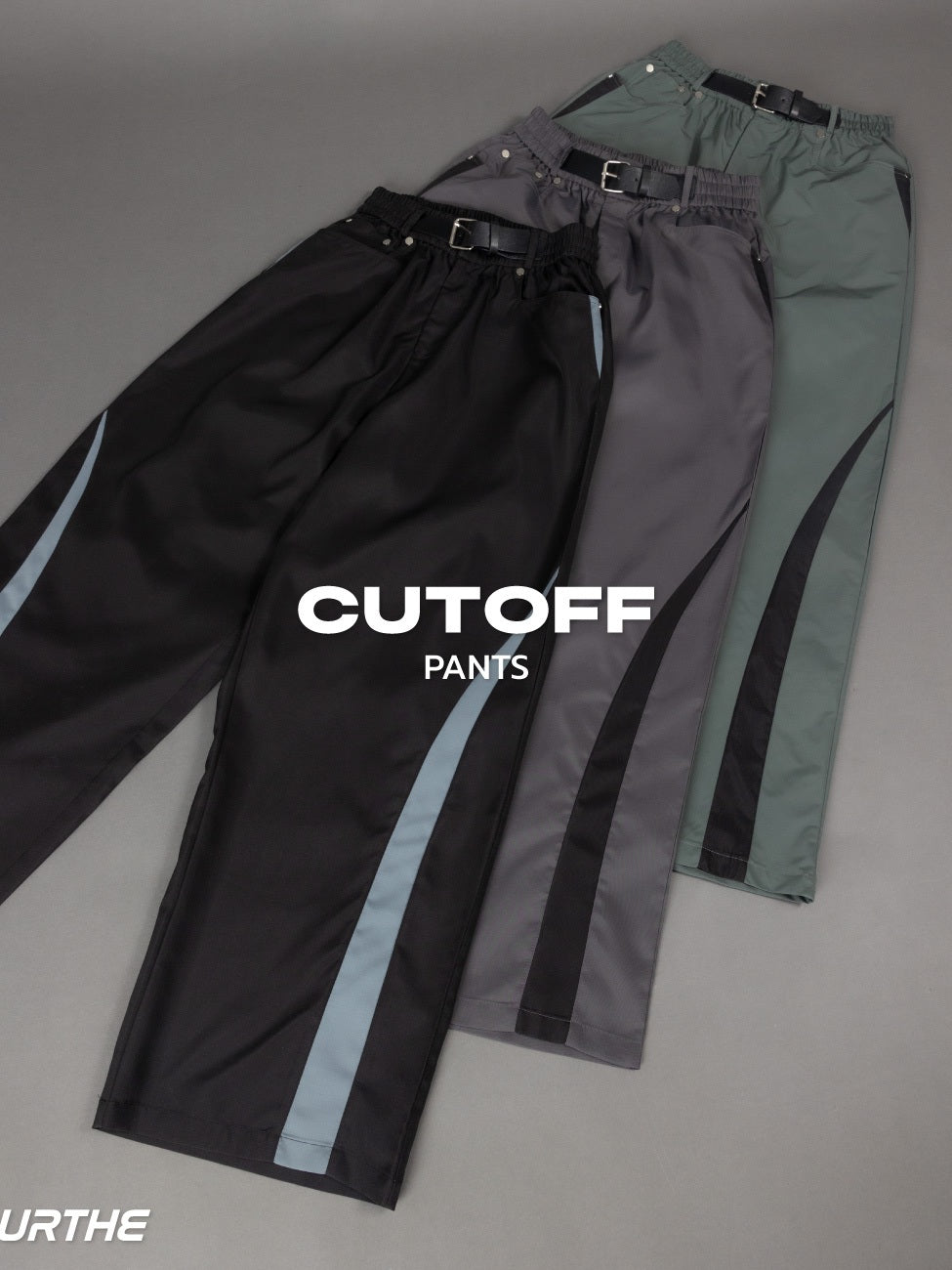 URTHE - กางเกงขายาว เอวยืด แต่งเข็มขัด รุ่น CUTOFF PANTS
