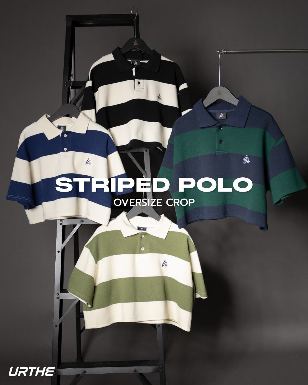 URTHE - เสื้อโปโล ครอป แขนสั้น ลายทาง รุ่น STRIPED POLO