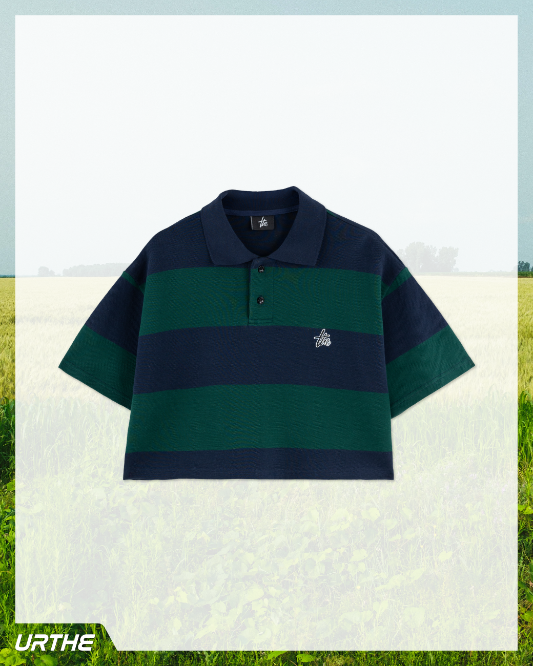 URTHE - เสื้อโปโล ครอป แขนสั้น ลายทาง รุ่น STRIPED POLO