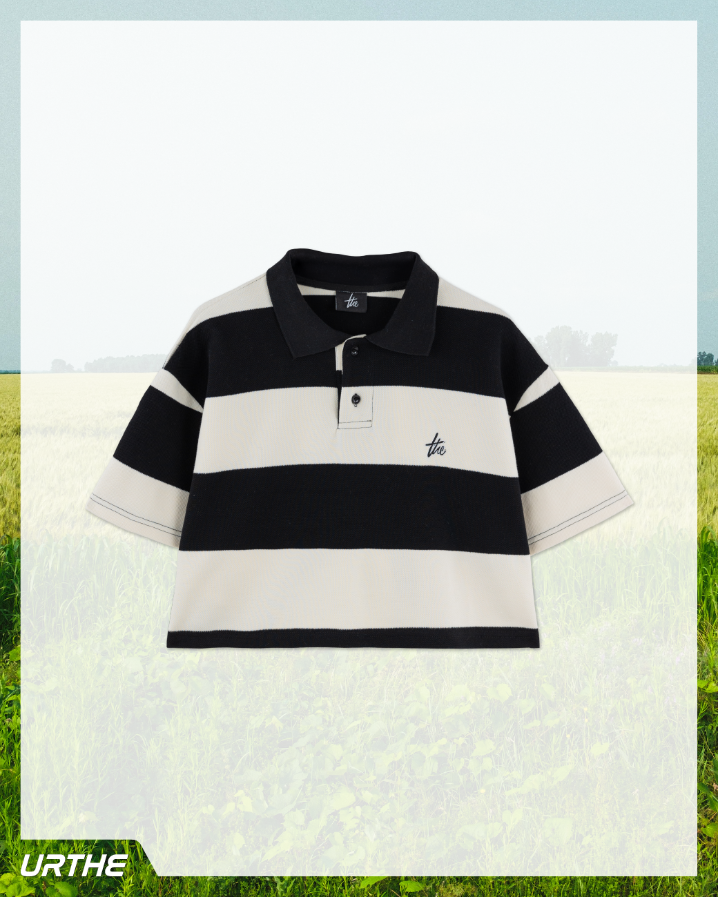 URTHE - เสื้อโปโล ครอป แขนสั้น ลายทาง รุ่น STRIPED POLO