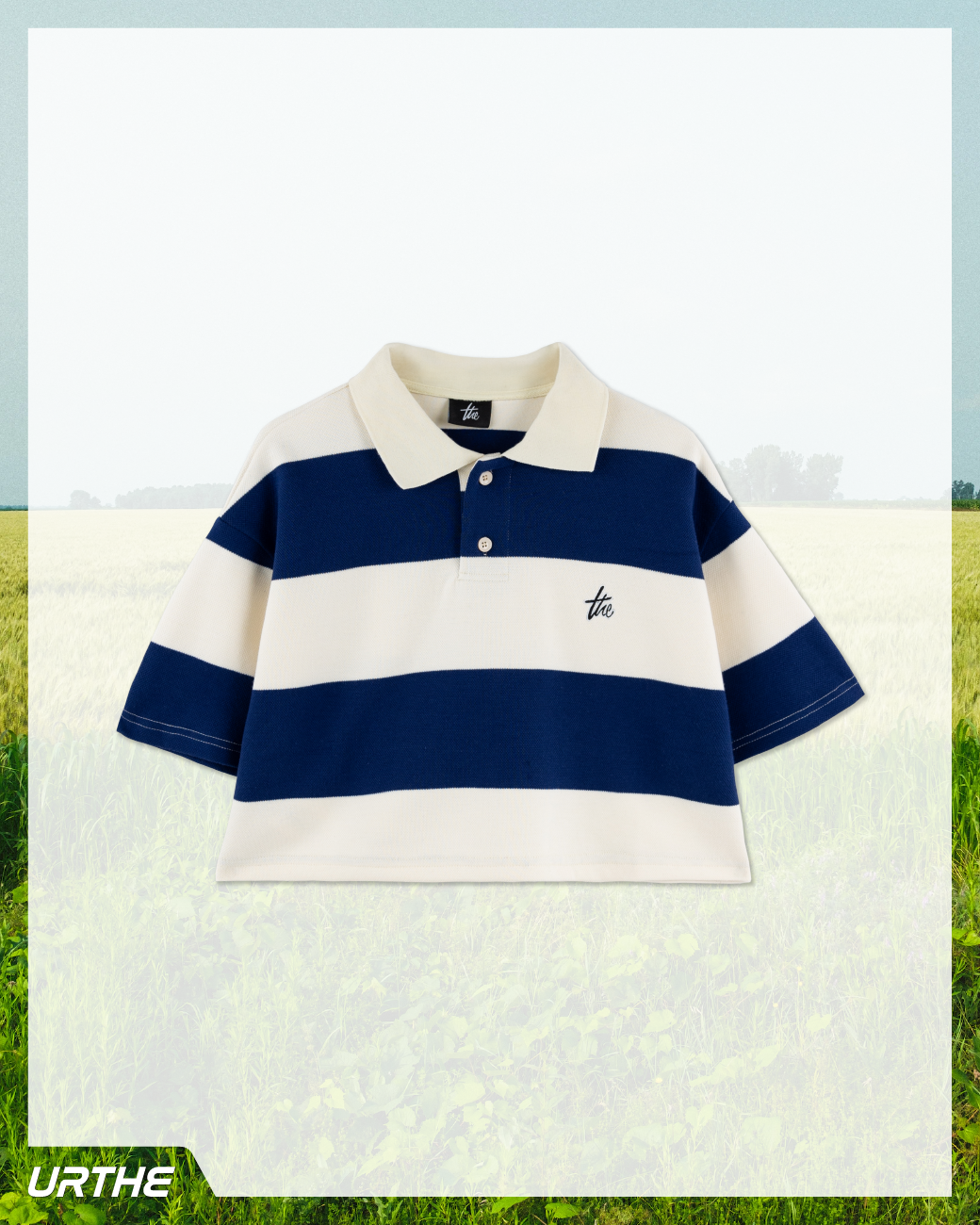 URTHE - เสื้อโปโล ครอป แขนสั้น ลายทาง รุ่น STRIPED POLO