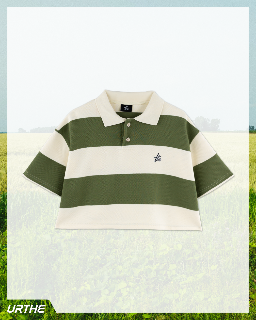 URTHE - เสื้อโปโล ครอป แขนสั้น ลายทาง รุ่น STRIPED POLO