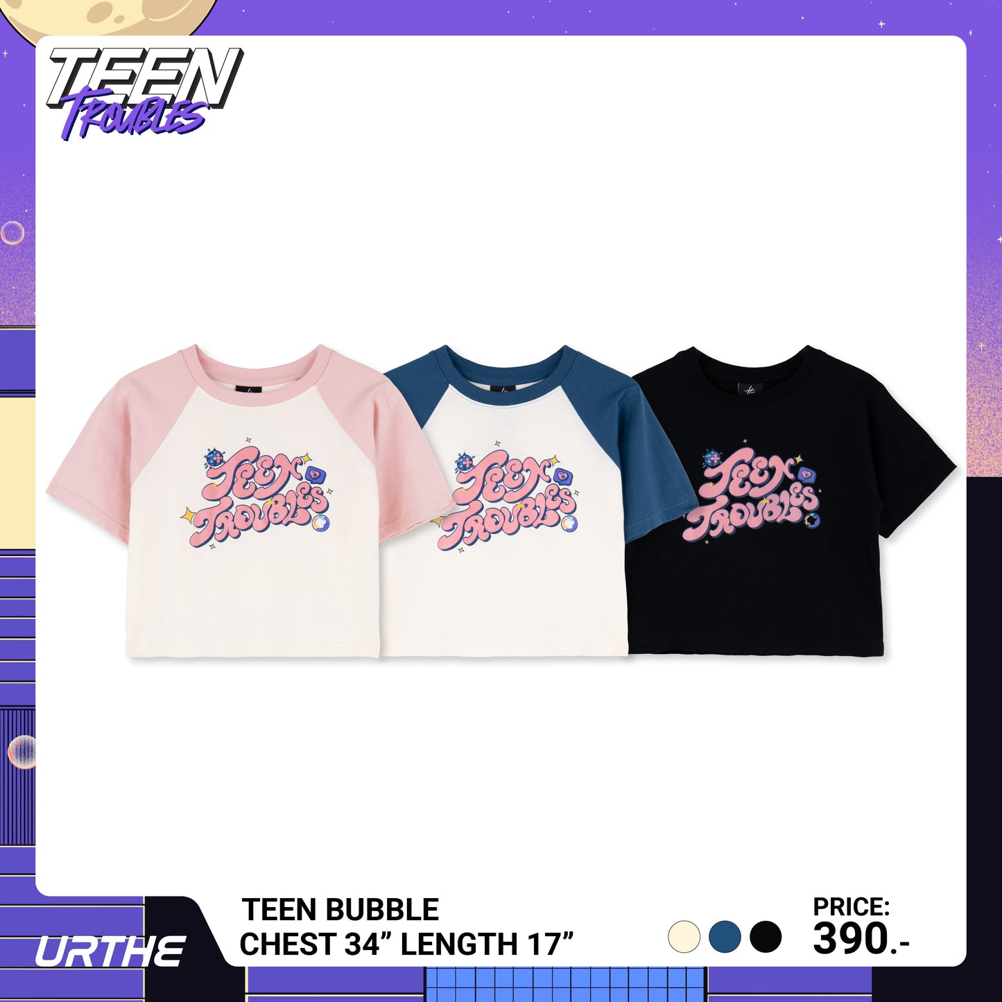 URTHE - เสื้อยืดครอป แขนสั้น สกรีนลาย รุ่น TEEN BUBBLE Col. TEEN TROUBLES