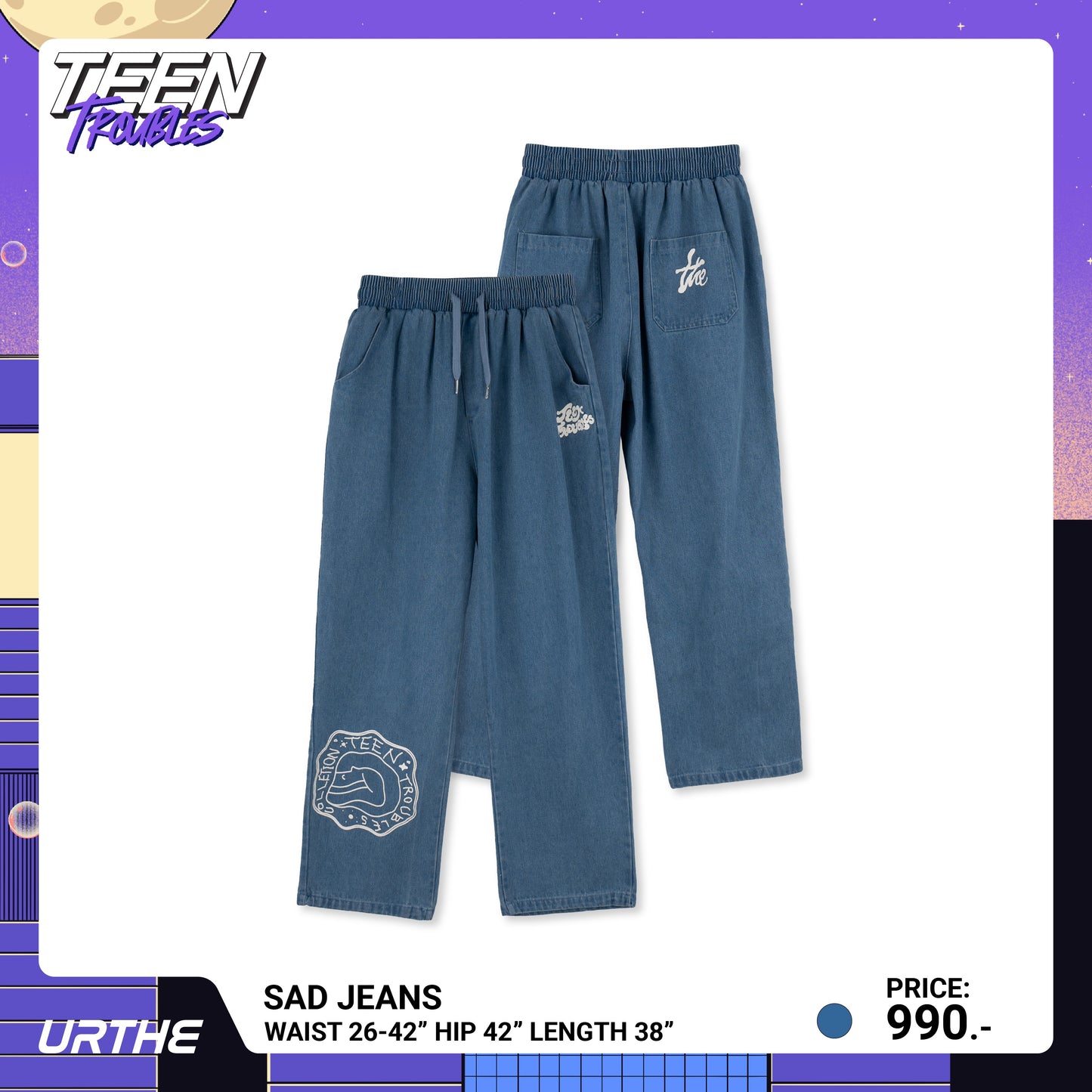 URTHE - กางเกงยีนส์ ขายาว สกรีนลาย รุ่น SAD JEANS Col. TEEN TROUBLES