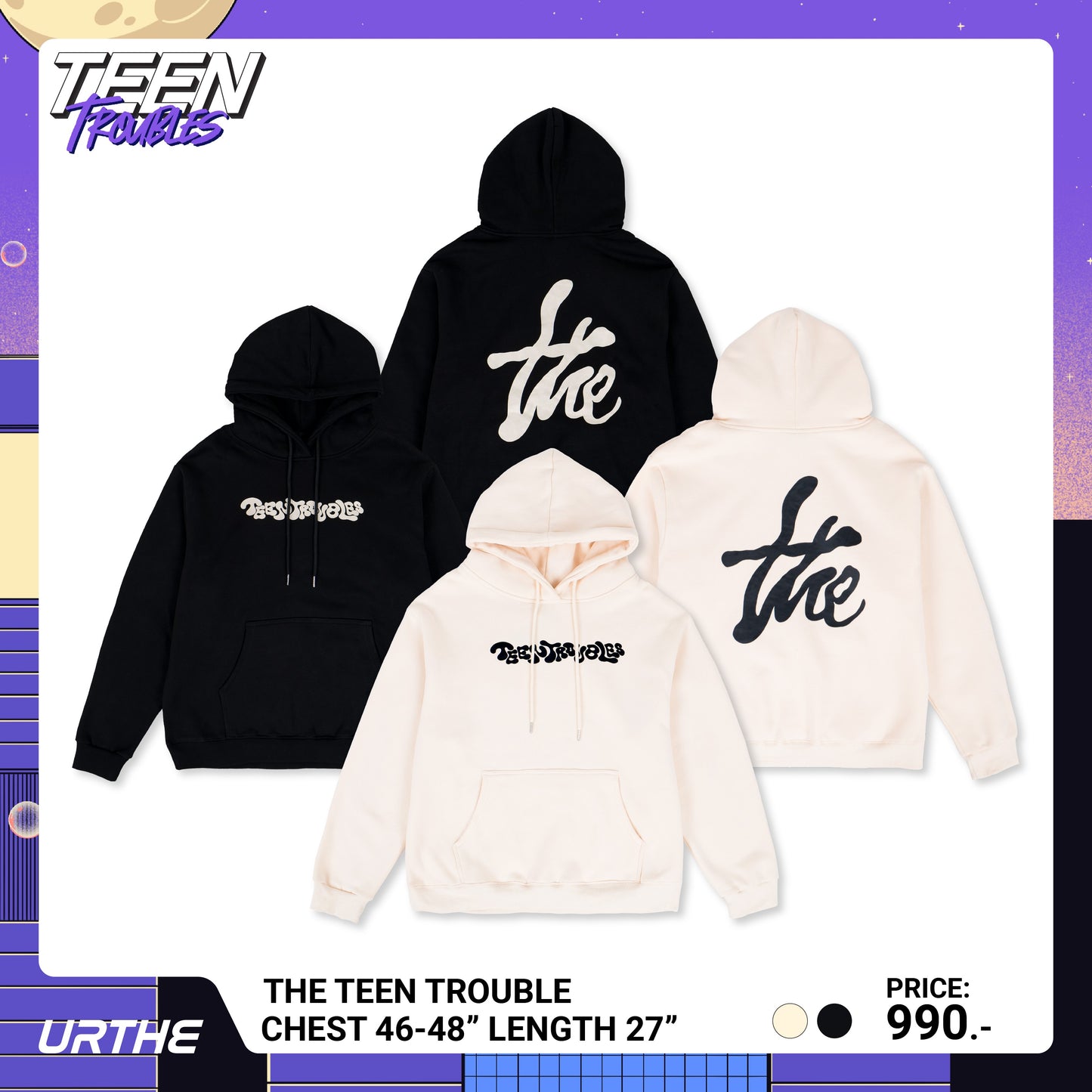 URTHE - เสื้อฮู้ดดี้ แขนยาว สกีนลาย รุ่น THE TEEN TROUBLE Col. TEEN TROUBLES