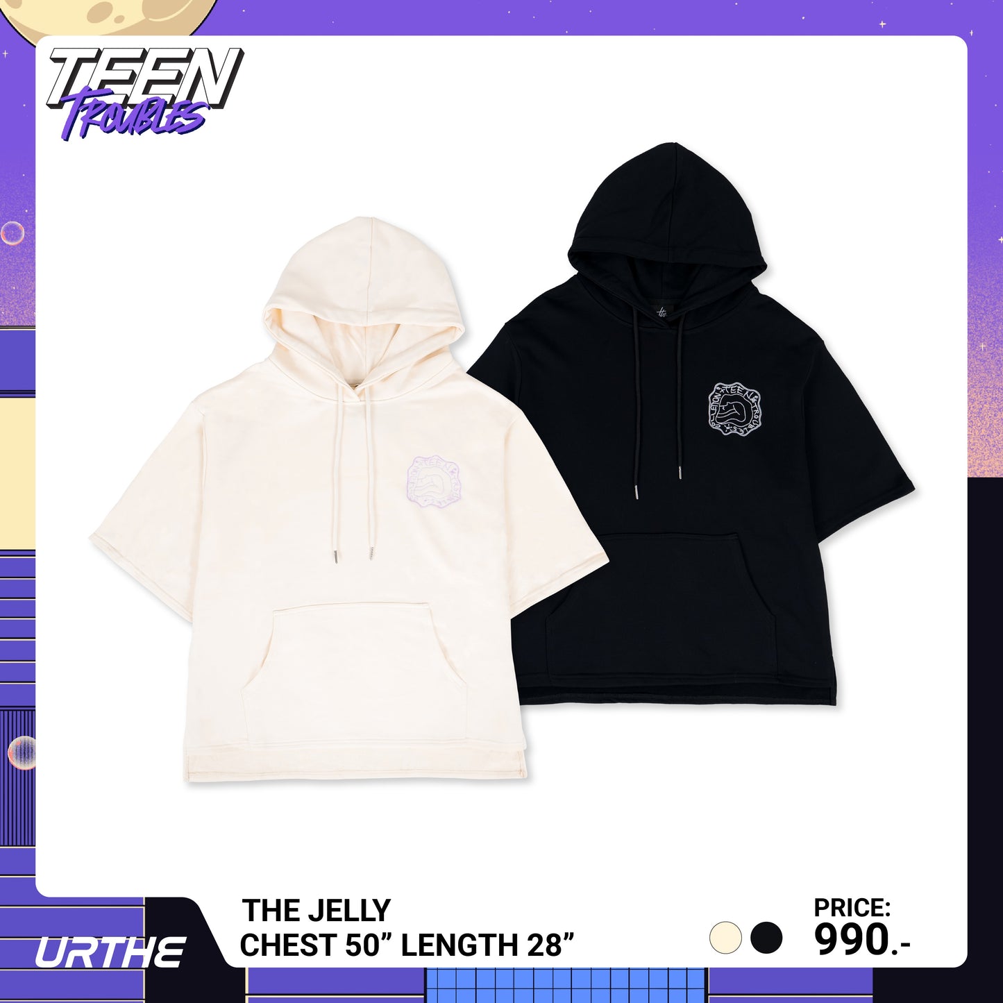 URTHE - เสื้อฮู้ดดี้ แขนสั้น ปักลาย รุ่น THE JELLY Col. TEEN TROUBLES