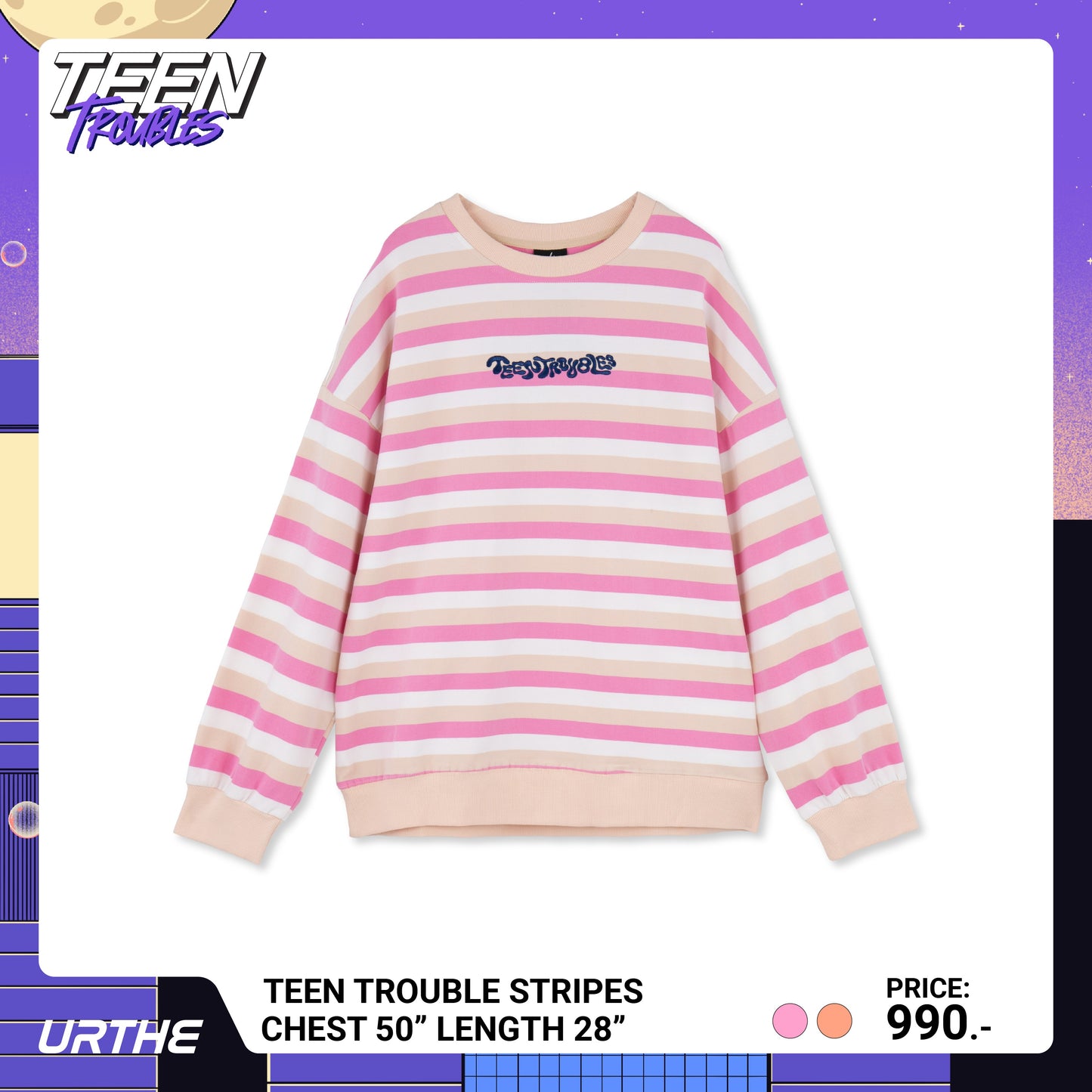 URTHE - เสื้อสเวตเตอร์ แขนยาว ปักลาย รุ่น TEEN TROUBLES STRIPED Col. TEEN TROUBLES