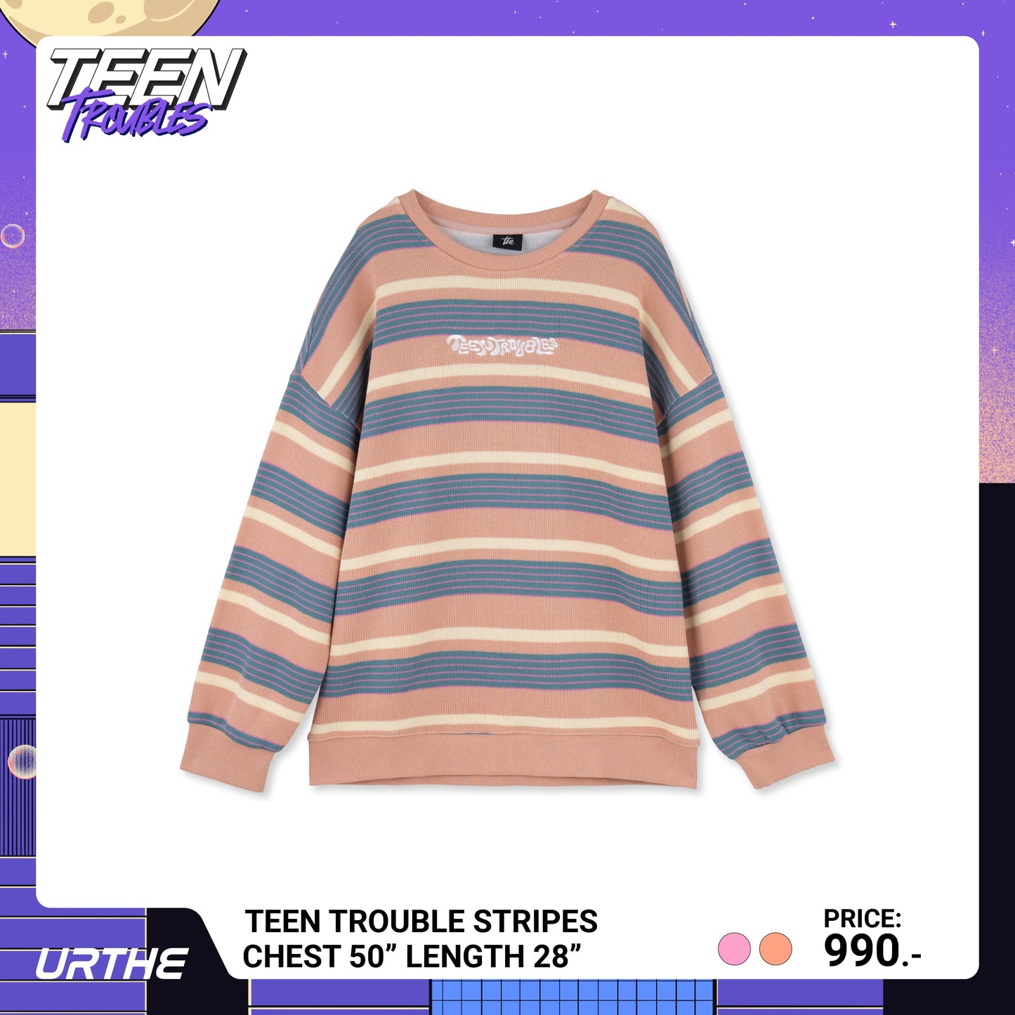 URTHE - เสื้อสเวตเตอร์ แขนยาว ปักลาย รุ่น TEEN TROUBLES STRIPED Col. TEEN TROUBLES