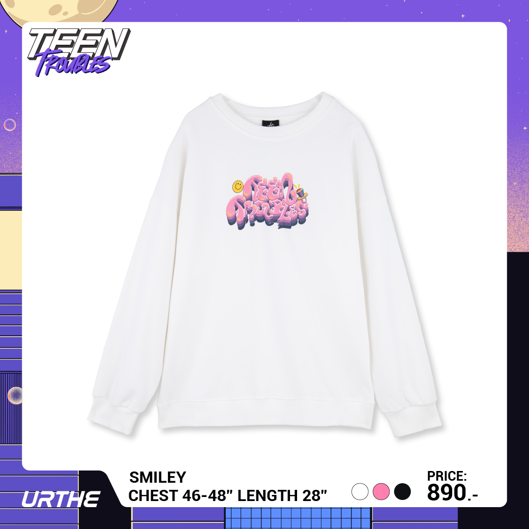 URTHE - เสื้อสเวตเตอร์ แขนยาว สกรีนลาย รุ่น SMILEY Col. TEEN TROUBLES