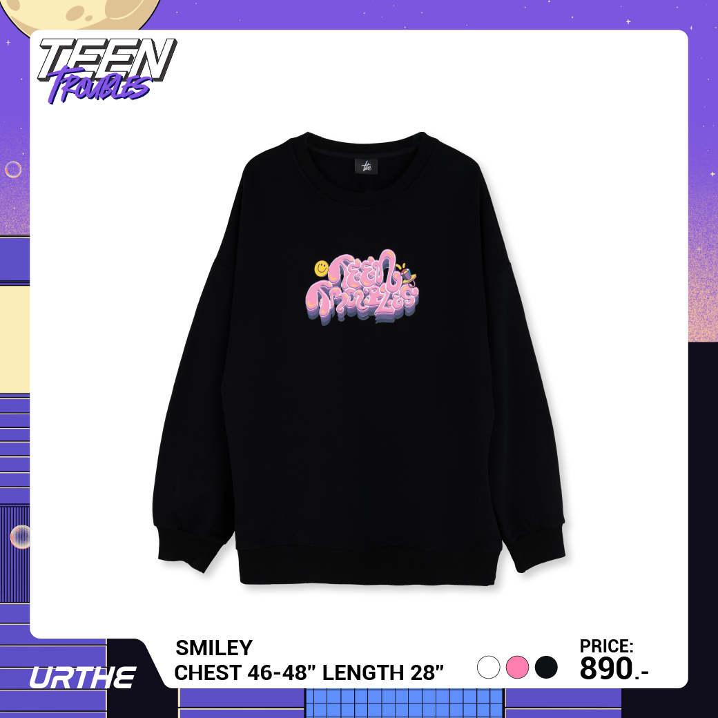 URTHE - เสื้อสเวตเตอร์ แขนยาว สกรีนลาย รุ่น SMILEY Col. TEEN TROUBLES