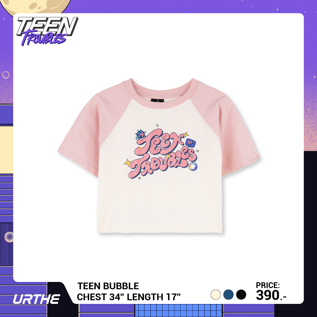 URTHE - เสื้อยืดครอป แขนสั้น สกรีนลาย รุ่น TEEN BUBBLE Col. TEEN TROUBLES