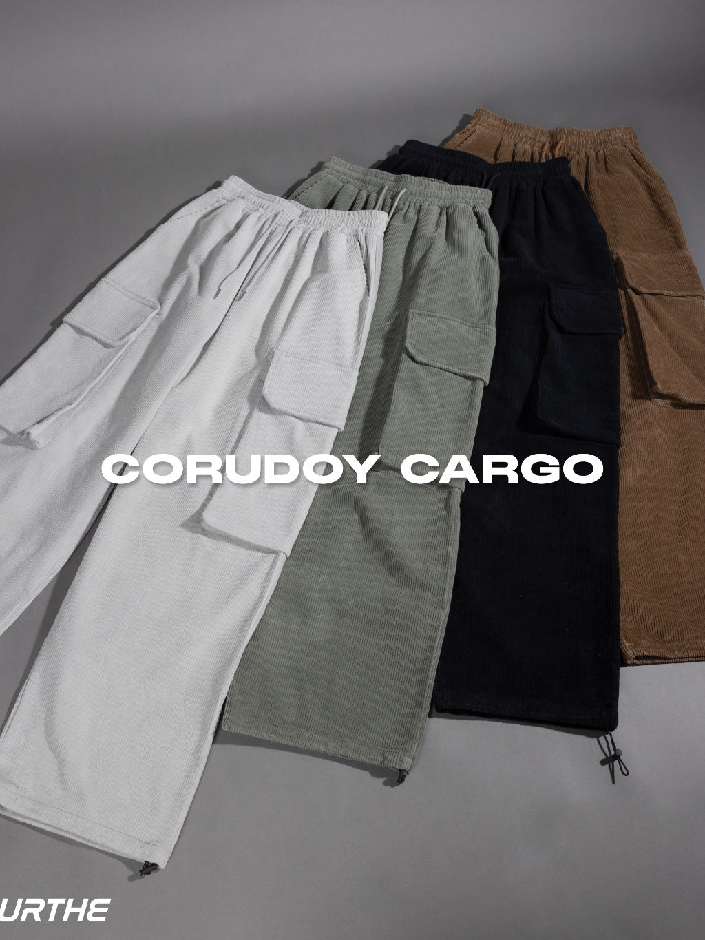 URTHE - กางเกงคาร์โก้ขายาว ผ้าลูกฟูก เอวยืด รุ่น CORDUROY CARGO