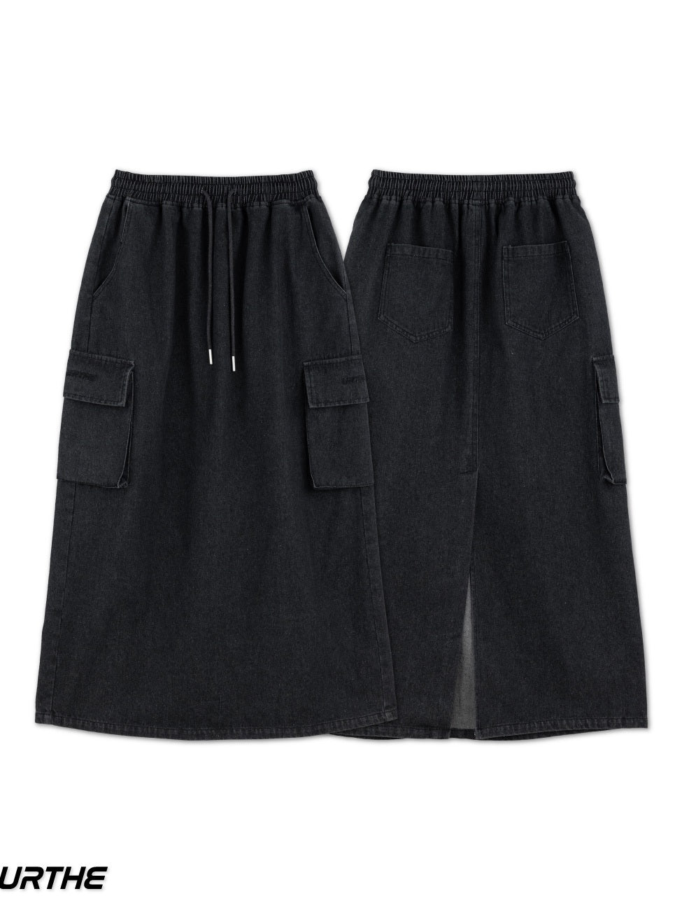 URTHE - กระโปรงยีนส์ยาว คาร์โก้ เอวยืด รุ่น CARGO SKIRT DENIM