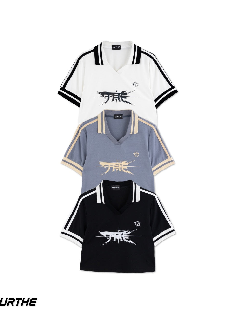 URTHE - เสื้อโปโล แขนสั้น สกรีนลาย รุ่น TWO STRIPES