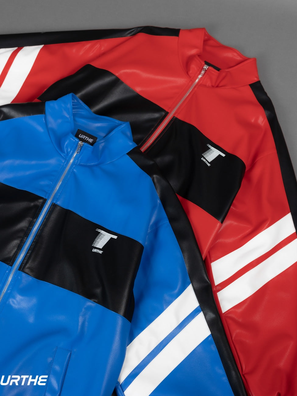 URTHE - เซ็ตเสื้อแจ็คเก็ตหนัง PU แขนยาว สกรีนลาย รุ่น THE RACE JACKET SET