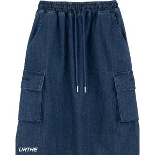 URTHE - กระโปรงยีนส์ยาว คาร์โก้ เอวยืด รุ่น CARGO SKIRT DENIM