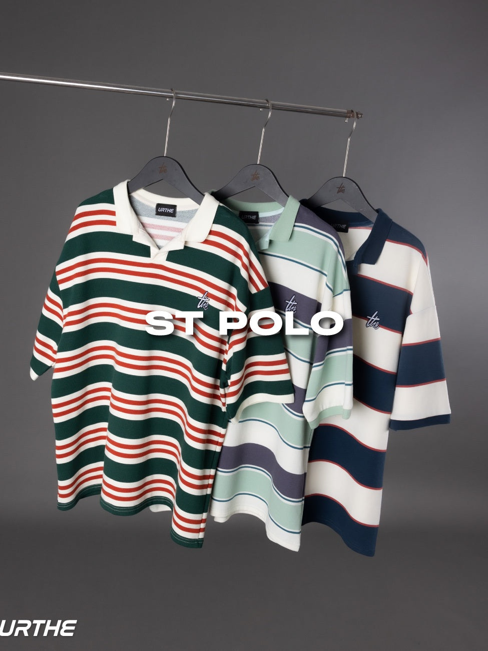 URTHE - เสื้อโปโล แขนสั้น OVERSIZE ลายทาง รุ่น ST POLO