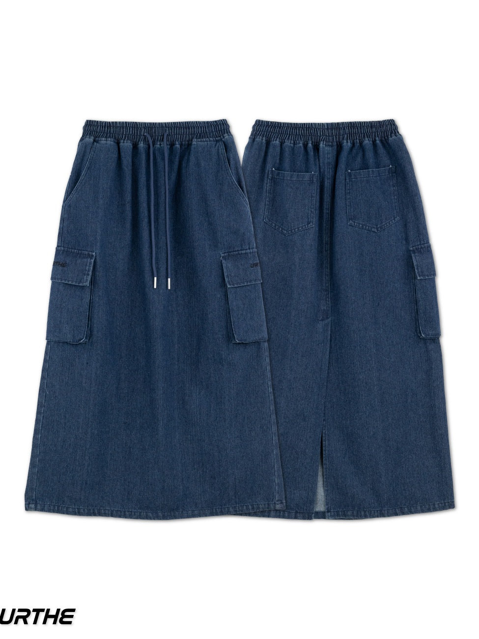 URTHE - กระโปรงยีนส์ยาว คาร์โก้ เอวยืด รุ่น CARGO SKIRT DENIM