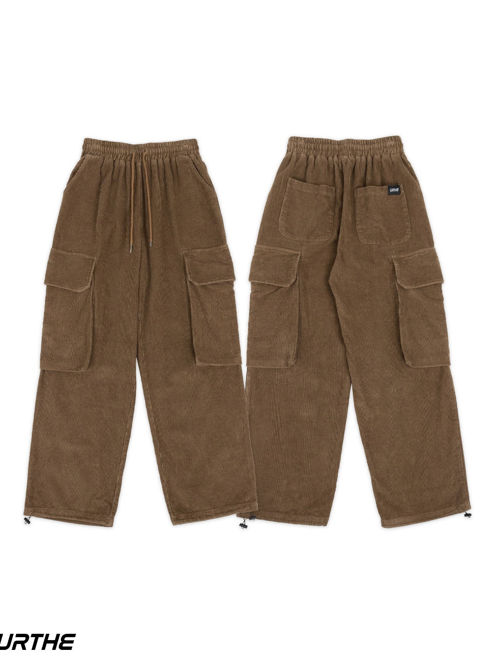 URTHE - กางเกงคาร์โก้ขายาว ผ้าลูกฟูก เอวยืด รุ่น CORDUROY CARGO